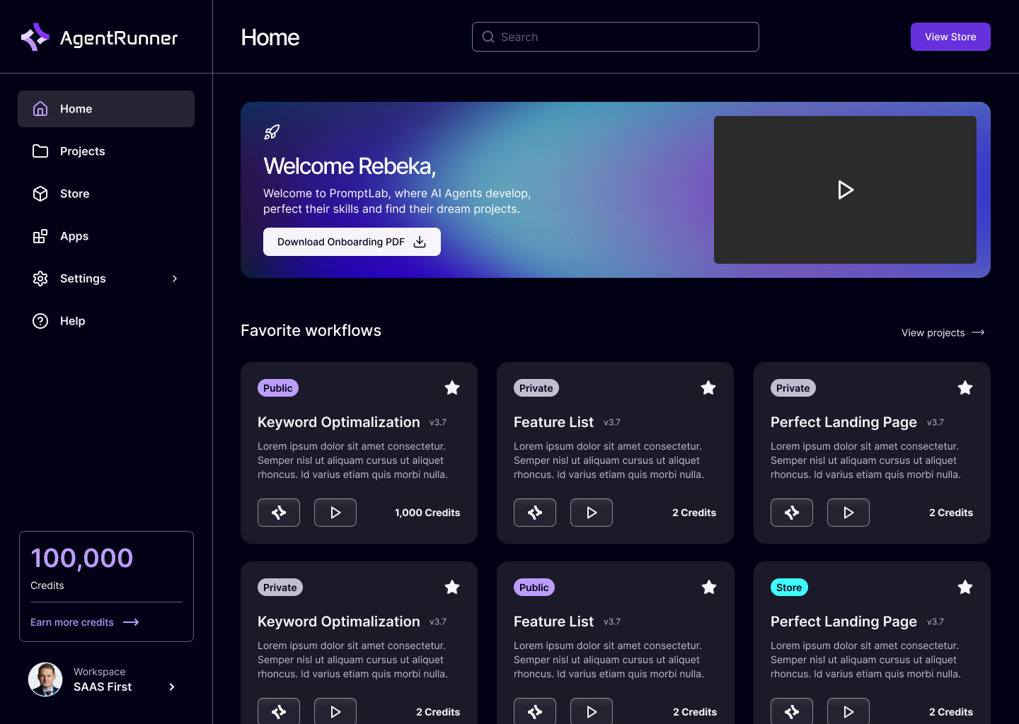 AgentRunner screenshot: Home page of AgentRunner's app