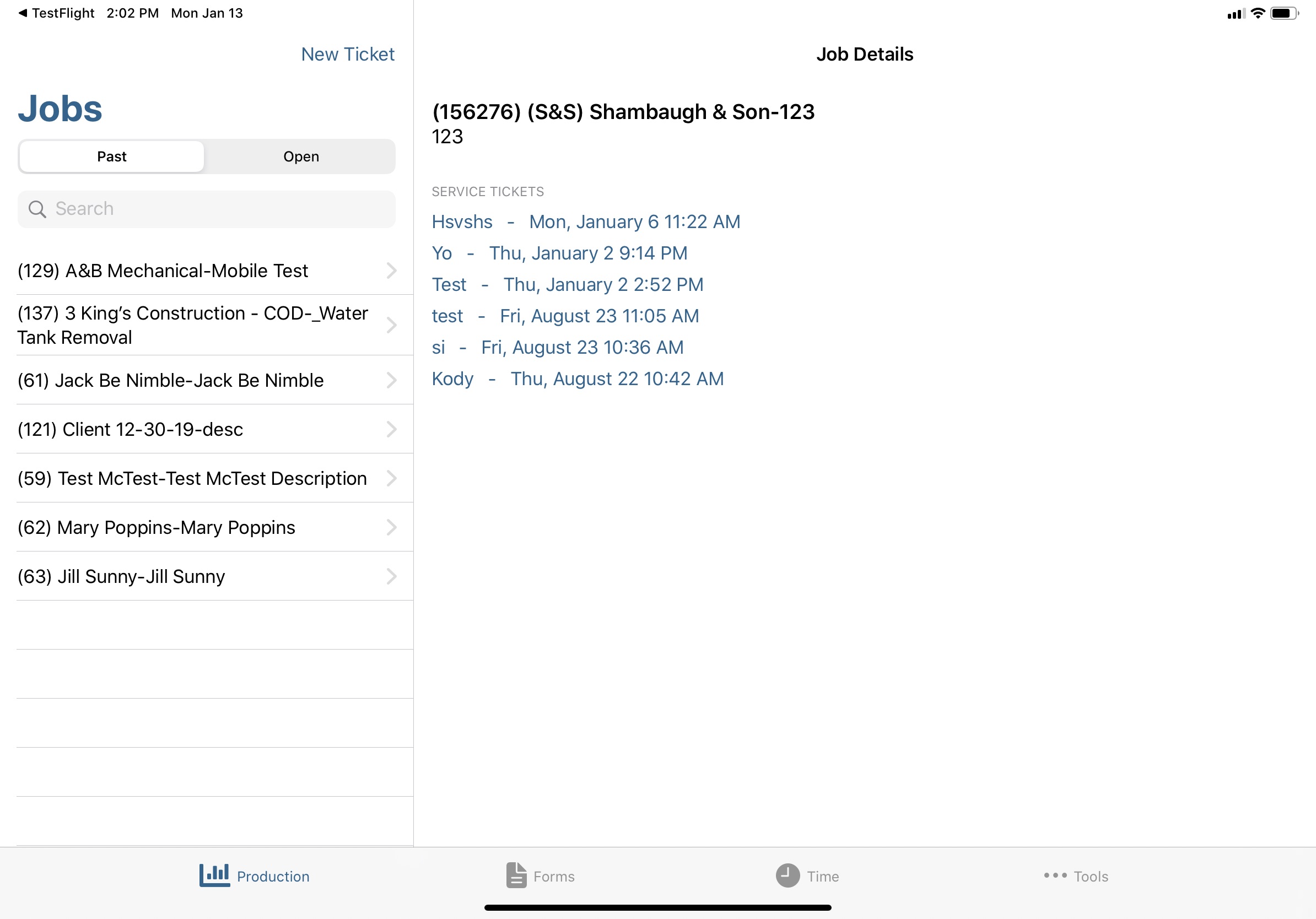 Production work orders jobs list - ipad