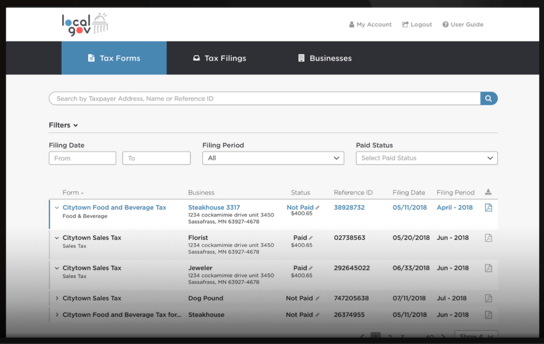 Localgov screenshot: Localgov tax forms