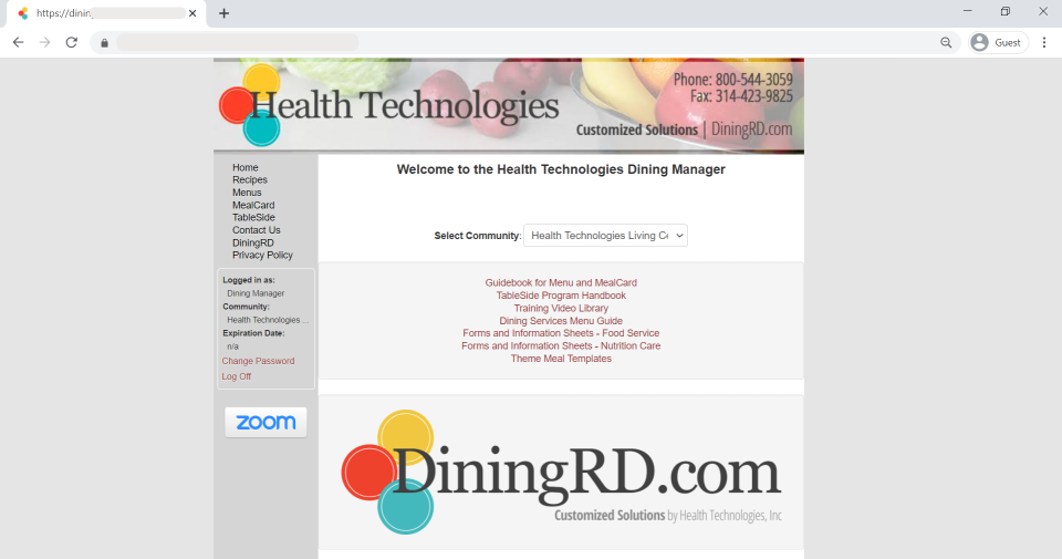 DiningManager screenshot: Dining Manager login page