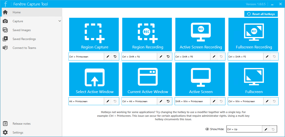 Fenêtre Capture Tool Software - The app interface with the cards for each screen capture option