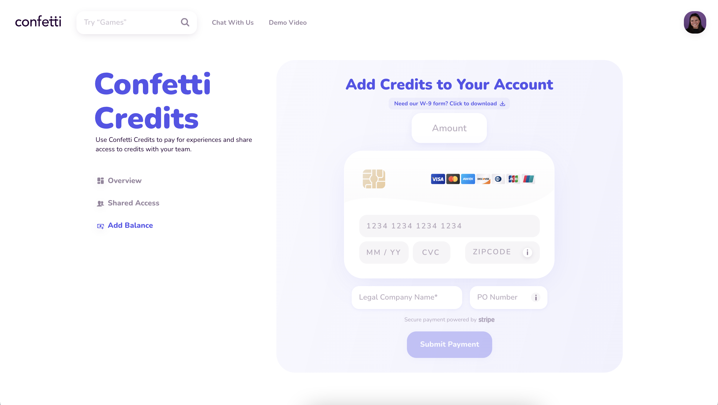 Use Confetti Credits to pay for experiences and share access to credits with your team