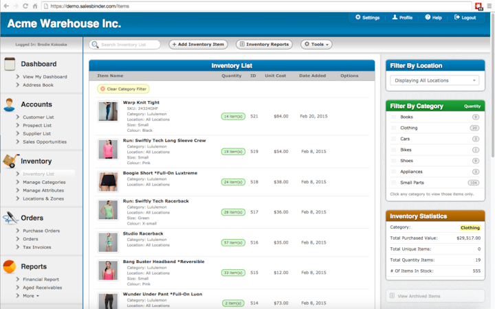 SalesBinder screenshot: SalesBinder inventory list
