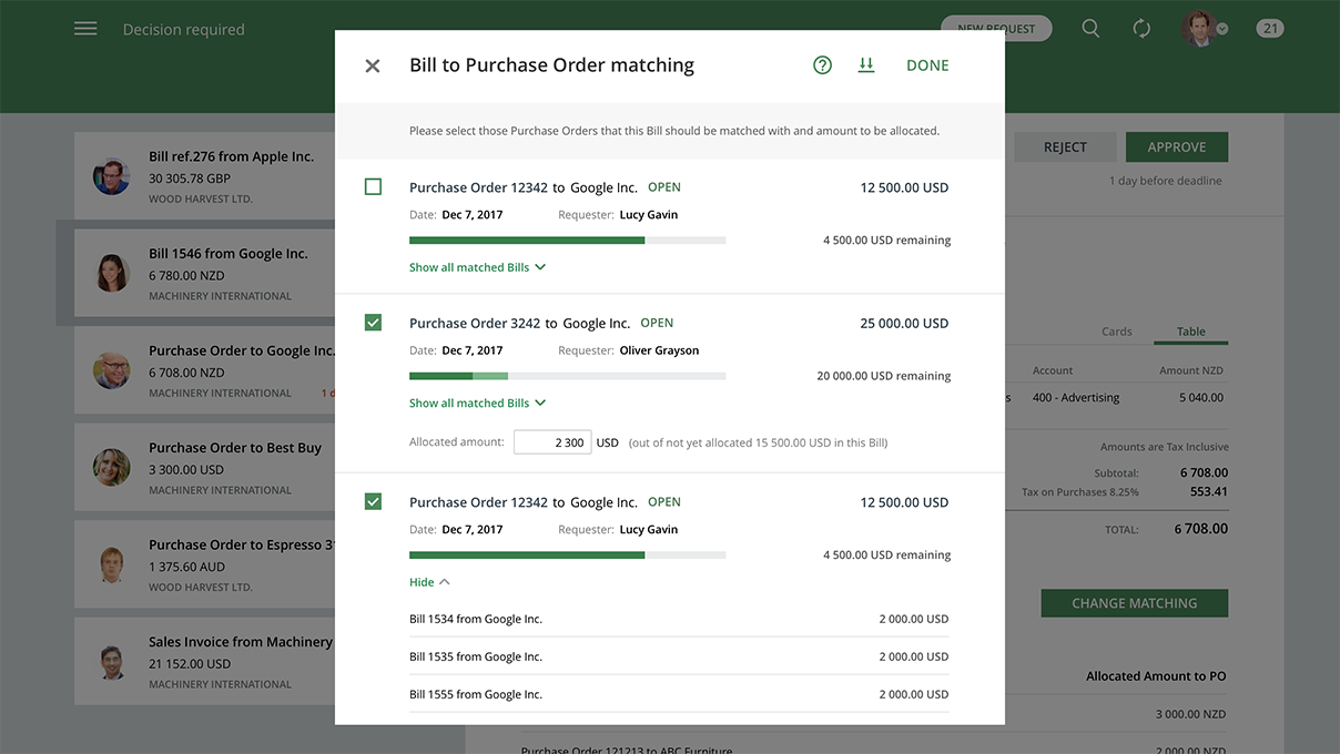 ApprovalMax Software - In ApprovalMax, you can match bills to the already approved purchase orders from the same supplier to ensure correct coding and facilitate additional spend control. With the approval workflow settings you can prevent the approval of unmatched bills.