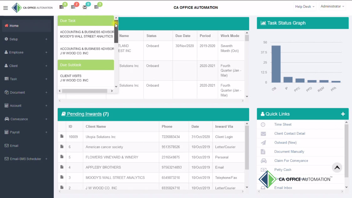 CA Office Automation screenshot: CAOA Dashboard