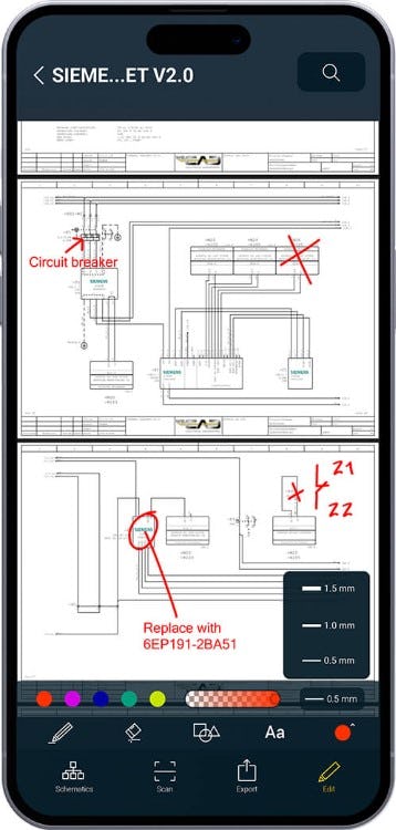 WSCAD ELECTRIX Software - Cabinet AR App - It also allows you to create notes and insert corrections with redlining in schematics.