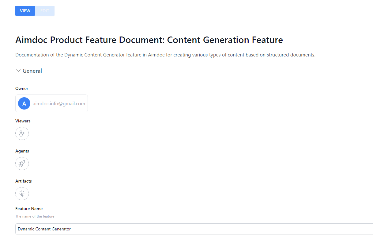 Aimdoc screenshot: Aimdoc view documentation for content generation feature