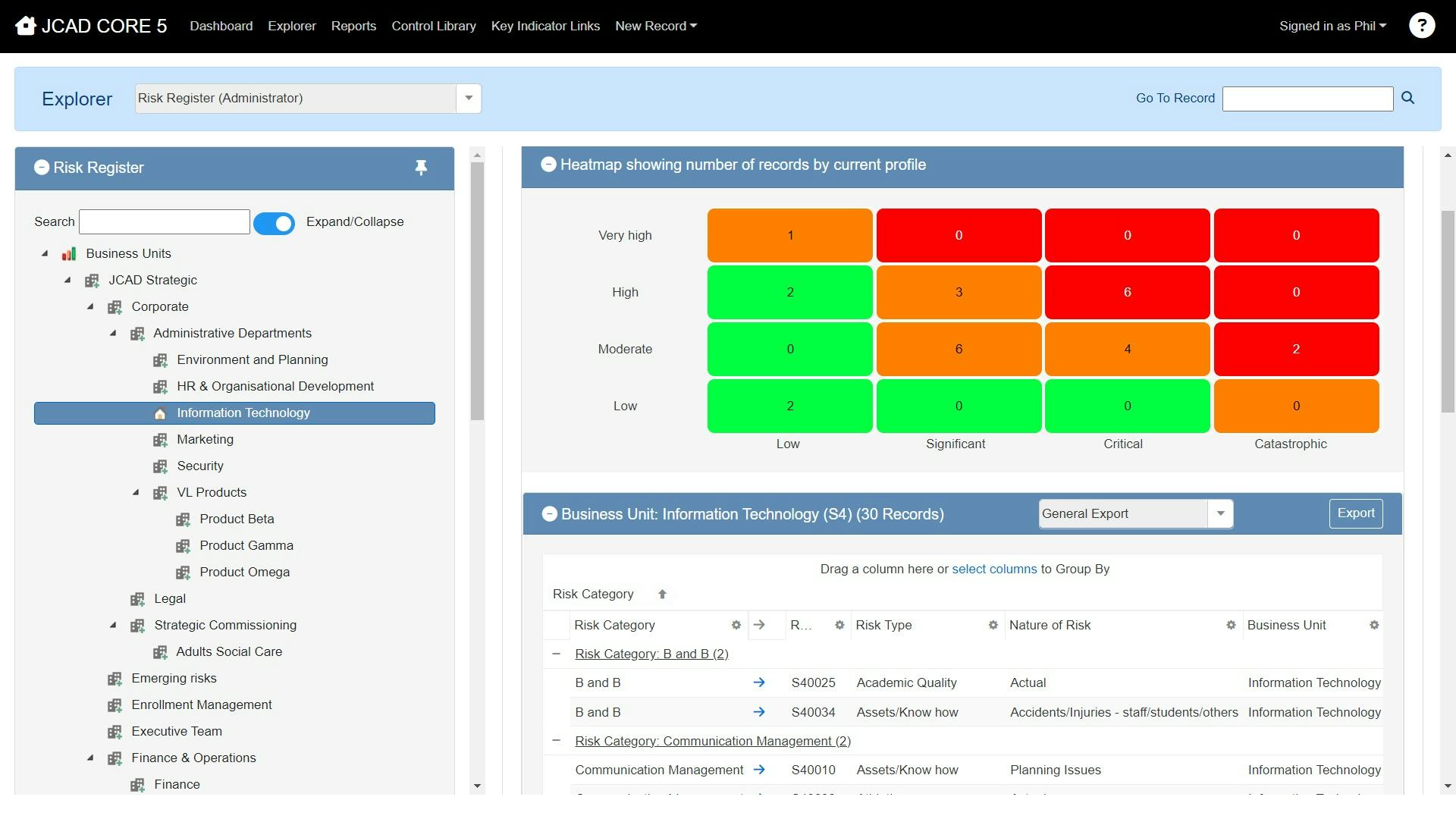 JCAD CORE Software - Explorer view illustrates the registers throughout the organisation