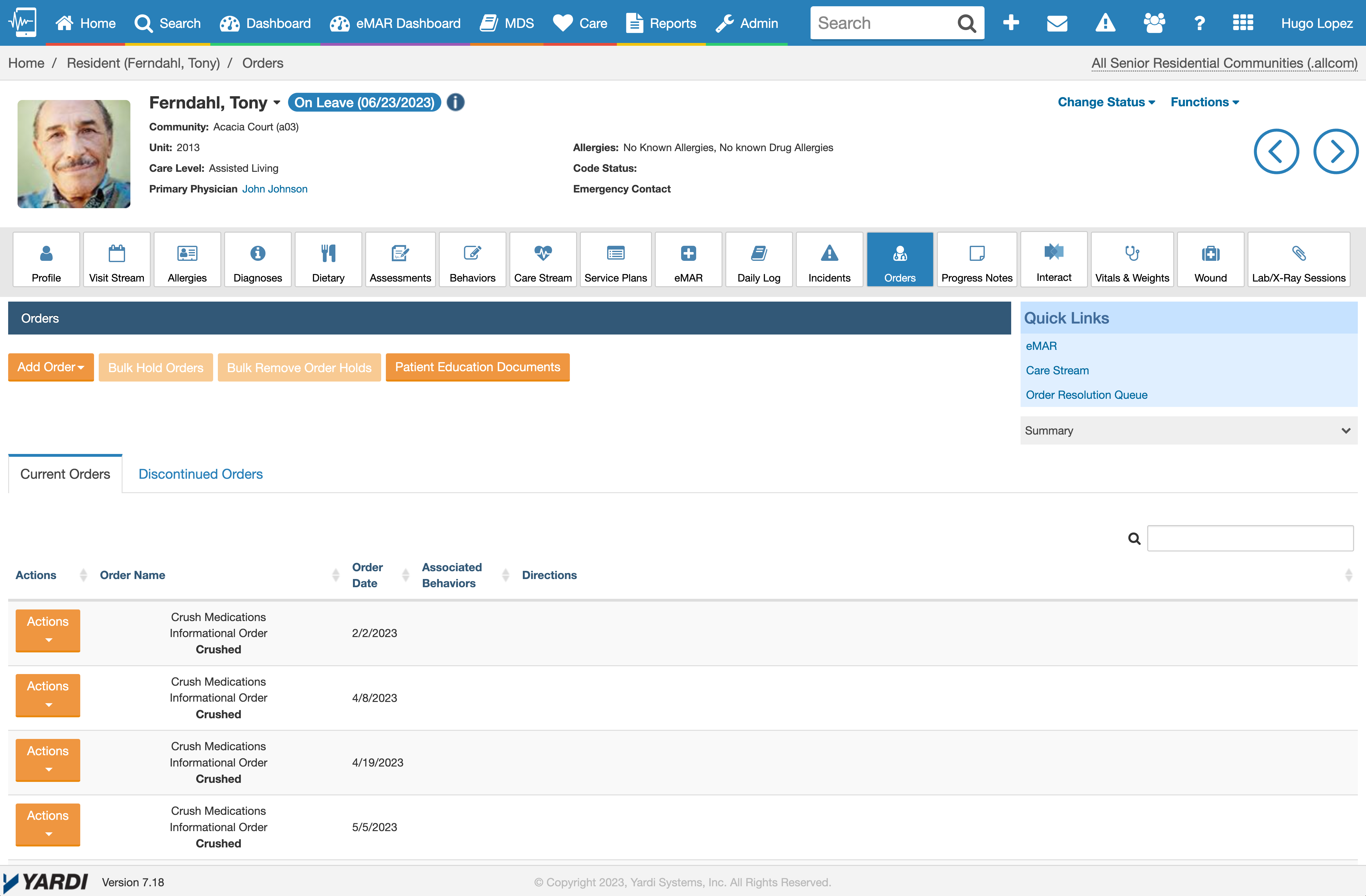 Yardi EHR Software - Yardi EHR - Resident Orders