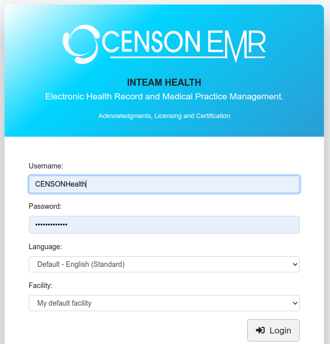 CENSON Smart EMR screenshot: CENSON Smart EMR Login Screen