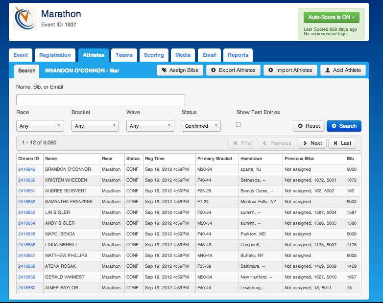 ChronoTrack Software - ChronoTrack showing athlete management tab