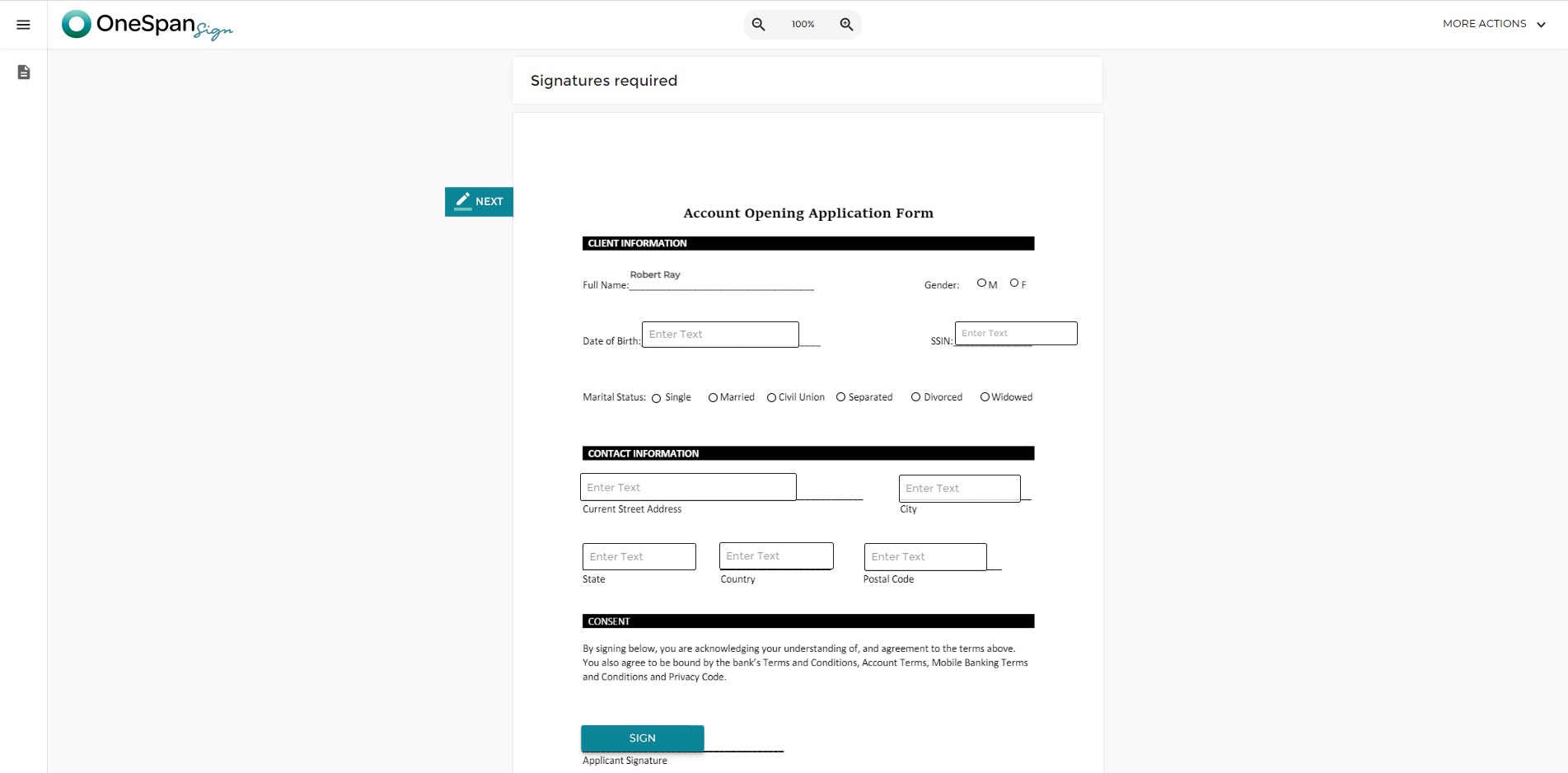 The signer can click-to-sign to complete the signing of the account opening application.