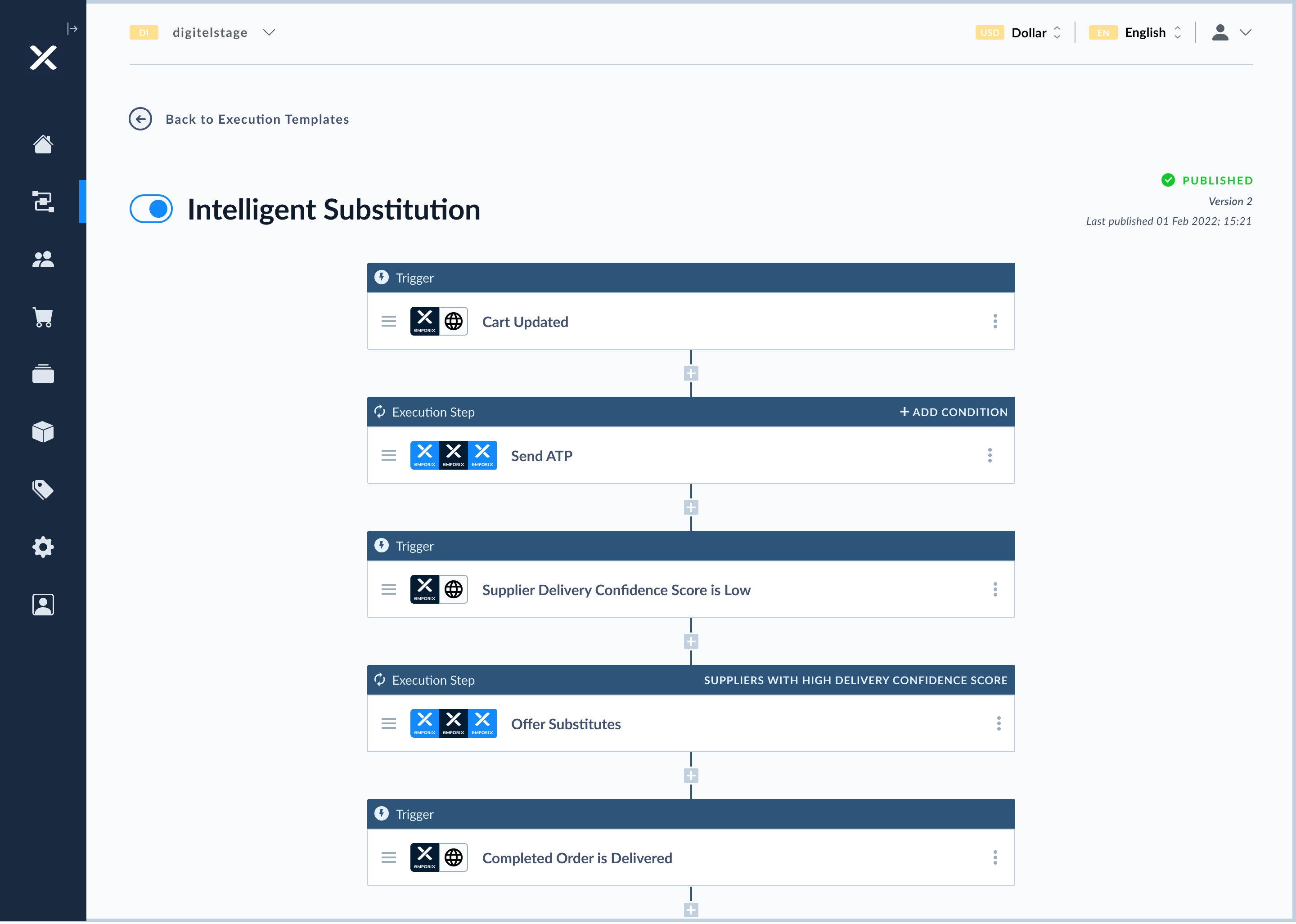 Emporix screenshot: Execution Scenario Builder