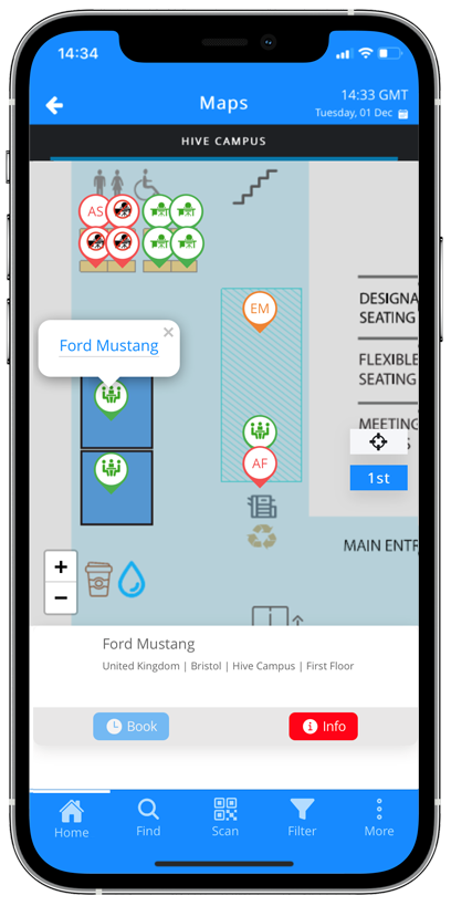 ResourceXpress screenshot: Workspace booking using RX Mobile App and maps