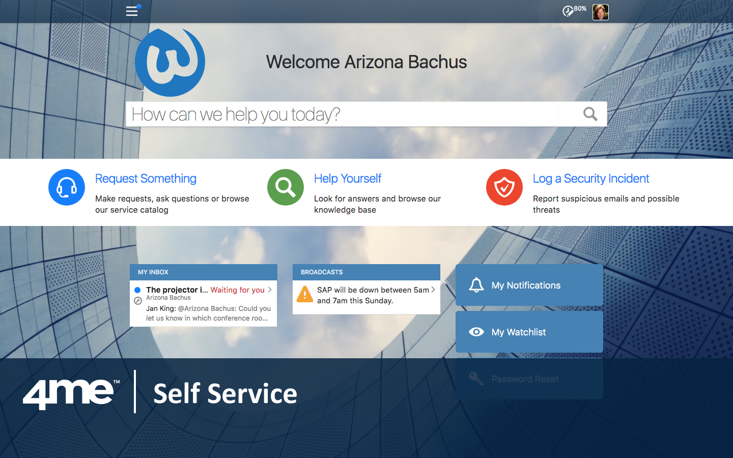 The look and feel of 4me Self Service can easily be customized to match any organization's corporate identity.
