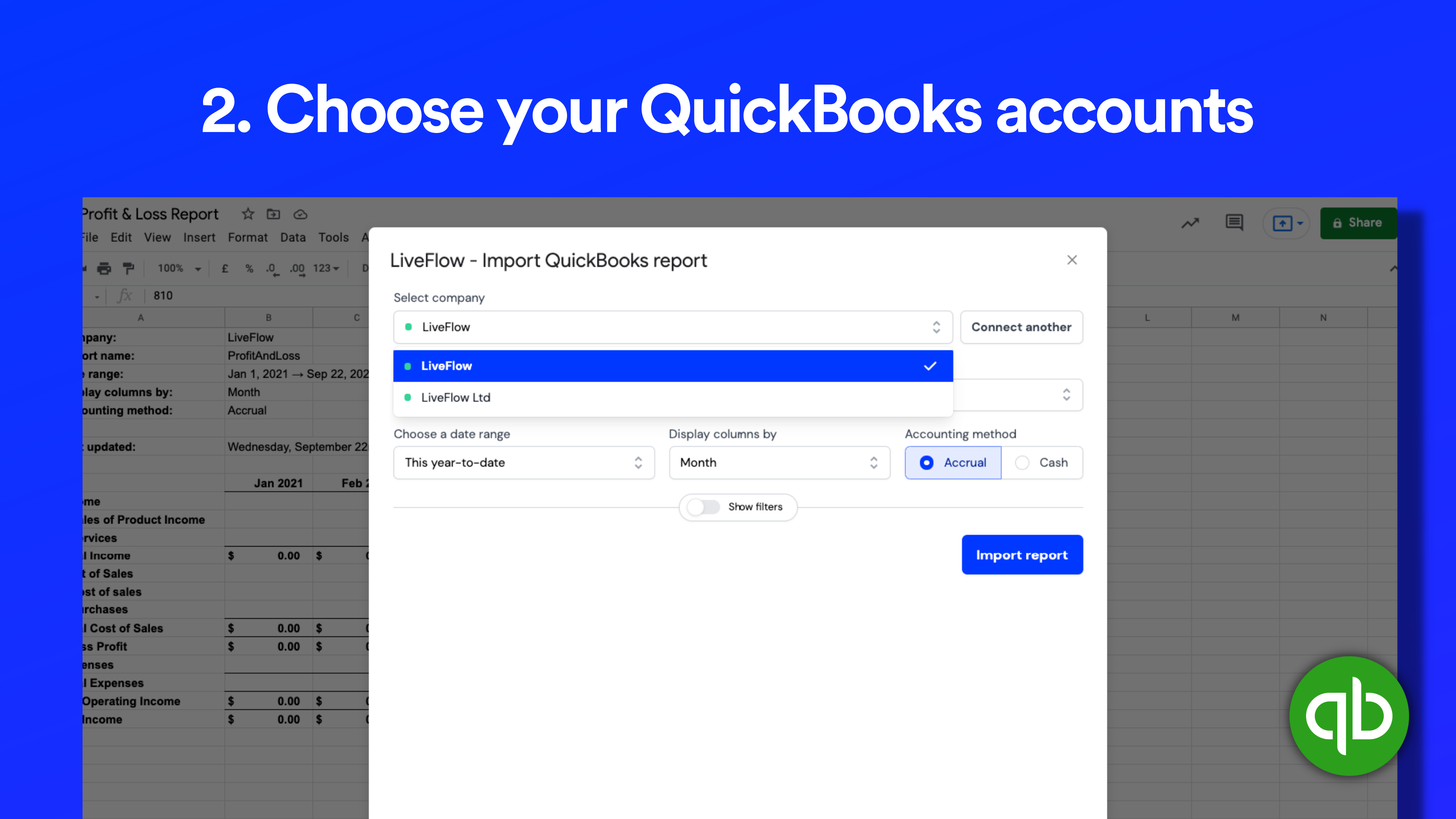 LiveFlow Software - Choose your QuickBooks accounts
