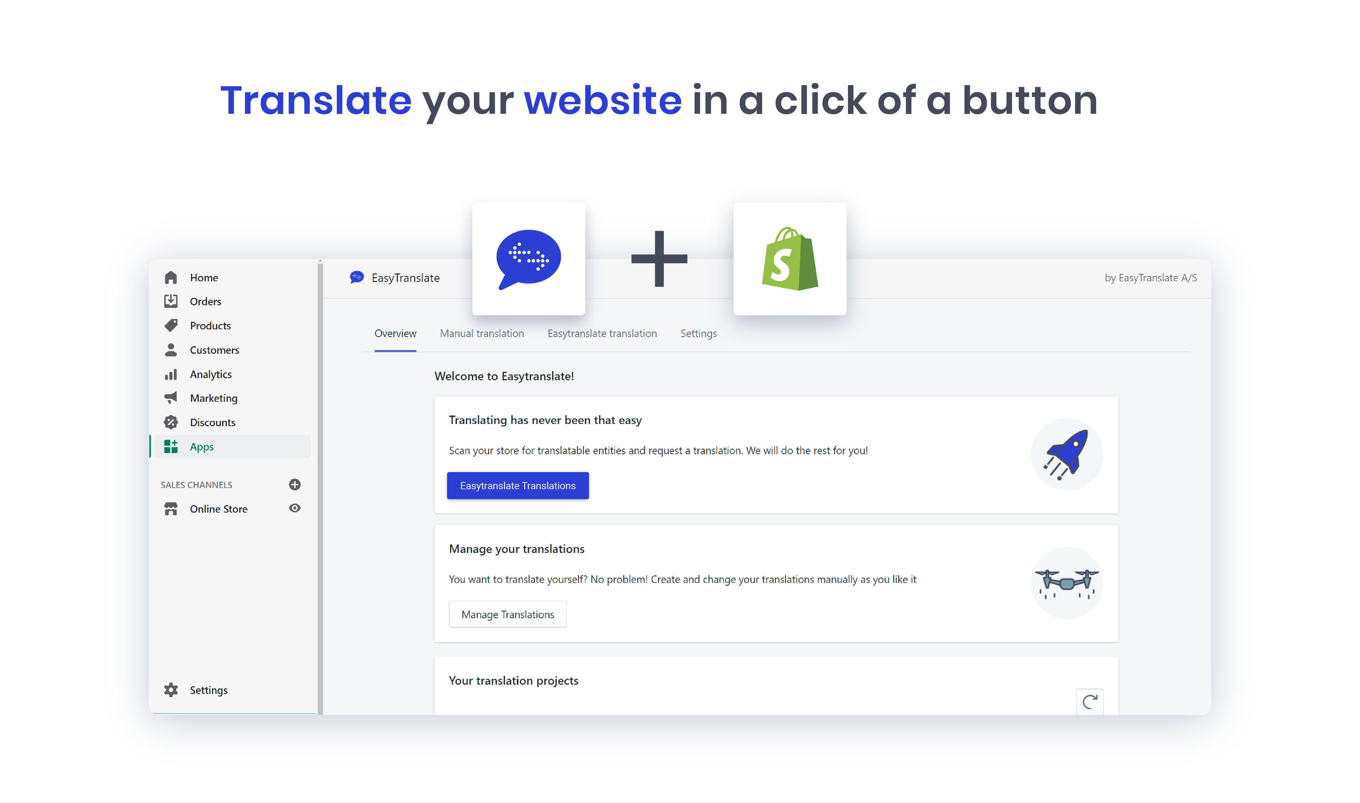 EasyTranslate Software - With a click of a button your content will be pushed for translation and returned straight into your Shopify store. You use other CMS ? Request a demo and learn more about what we support.