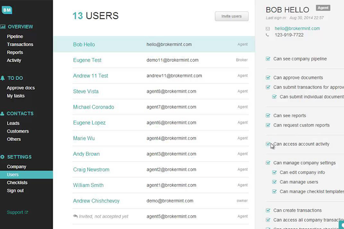 Brokermint screenshot: Manage users and permissions