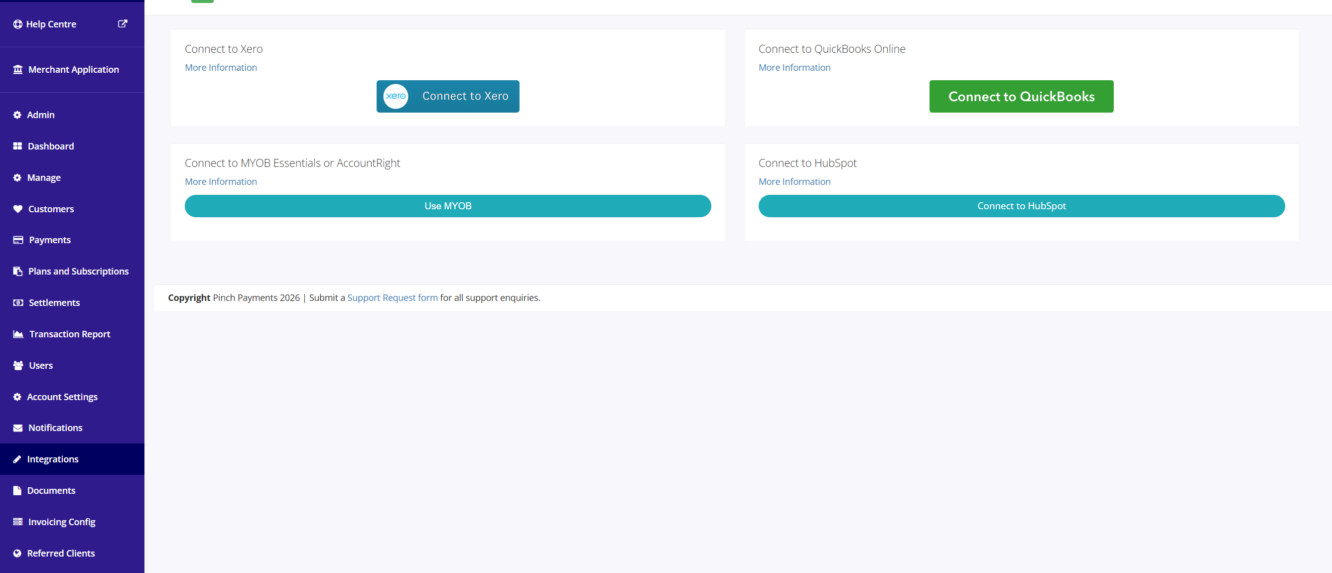 Pinch screenshot: Pinch integrations XERO MYOB