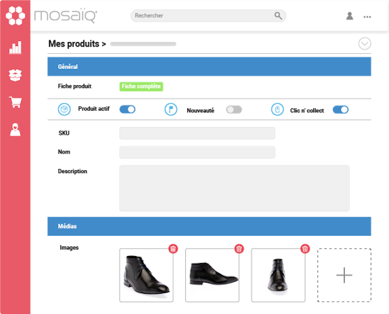 Mosaiq screenshot: Organize your product data,. Easily edit your product sheets. Add all your media and photos.