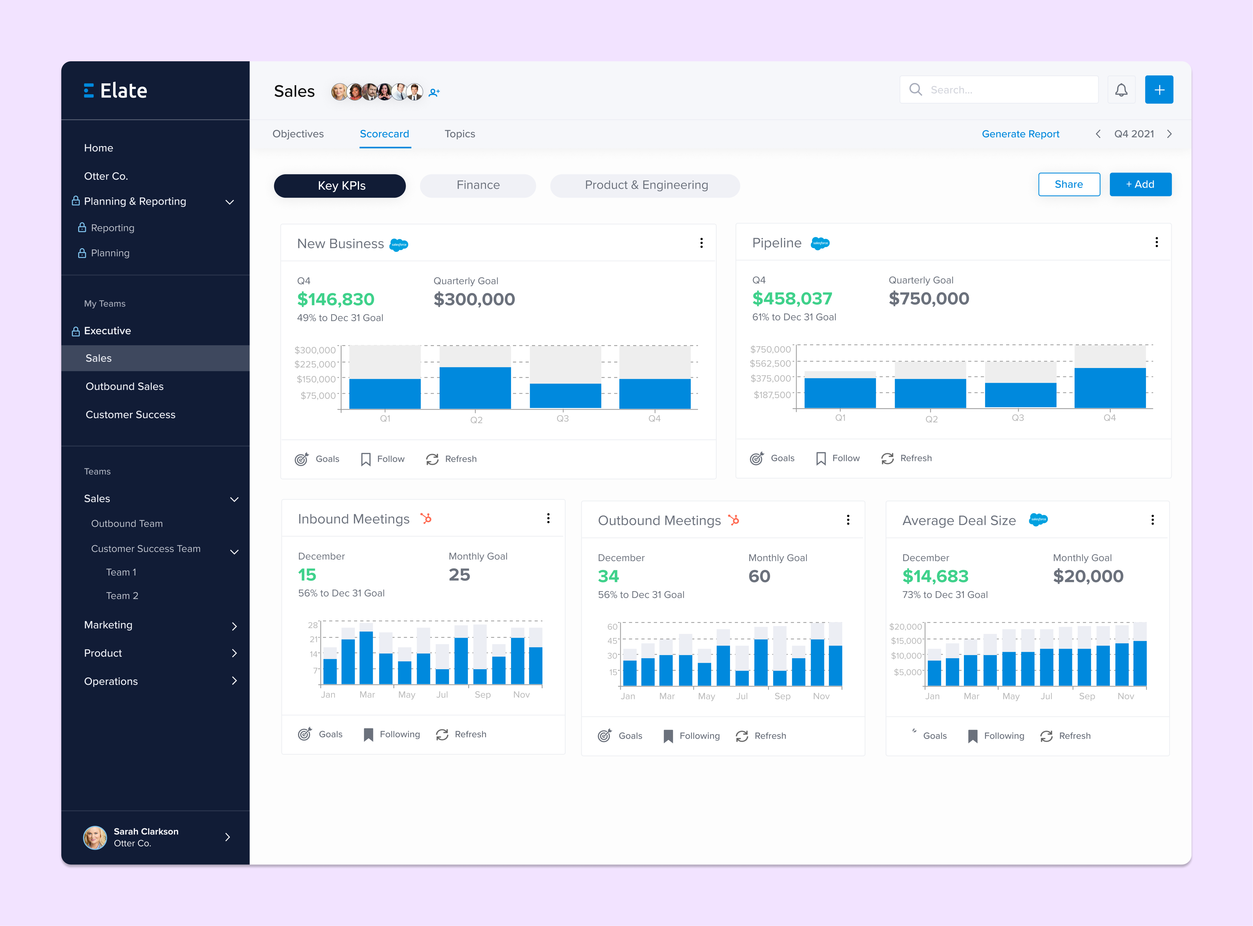 Build out scorecards and dashboards with one-click integrations. Connect your Metrics and Key Results to your Objectives.