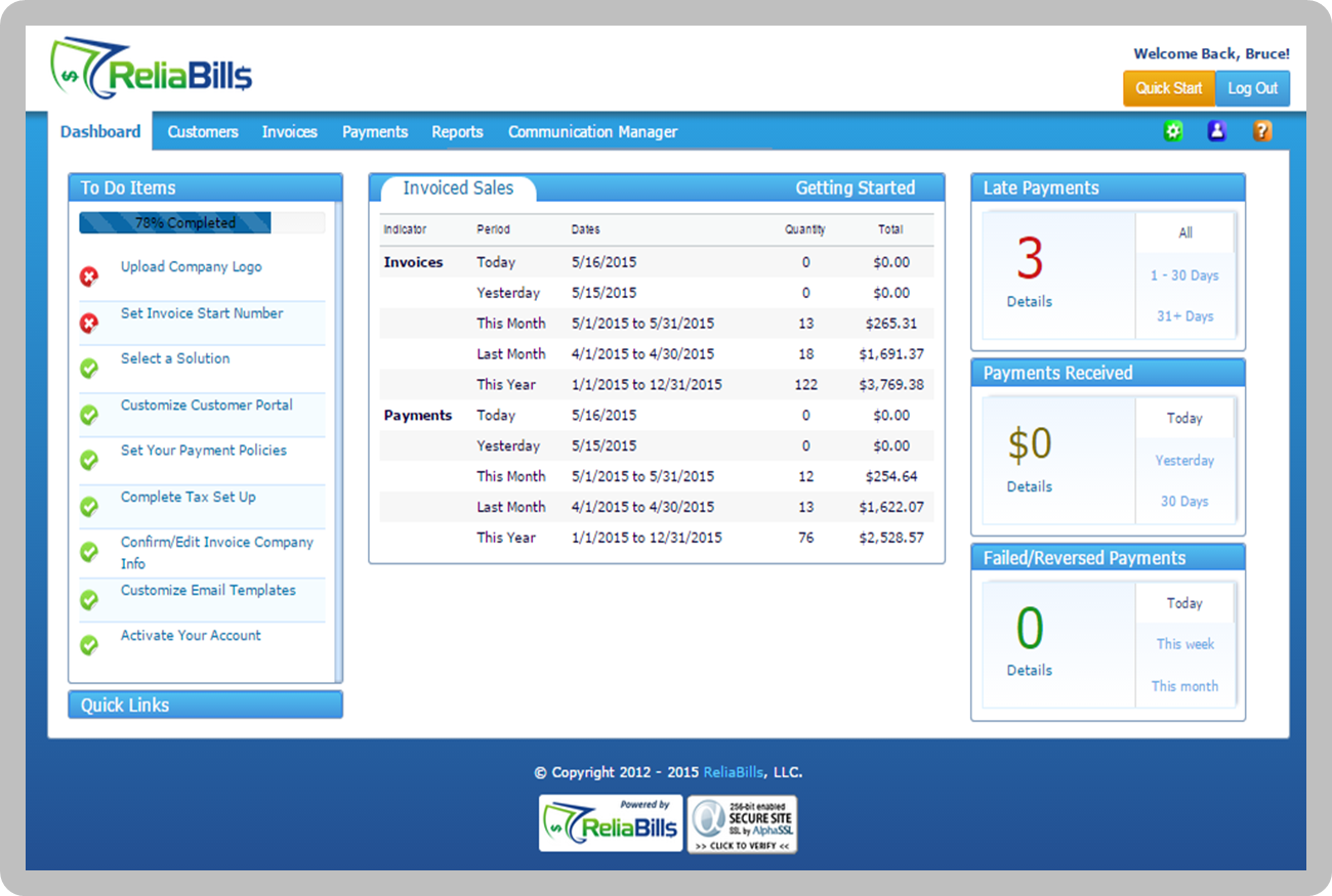 ReliaBills screenshot: ReliaBills Dashboard