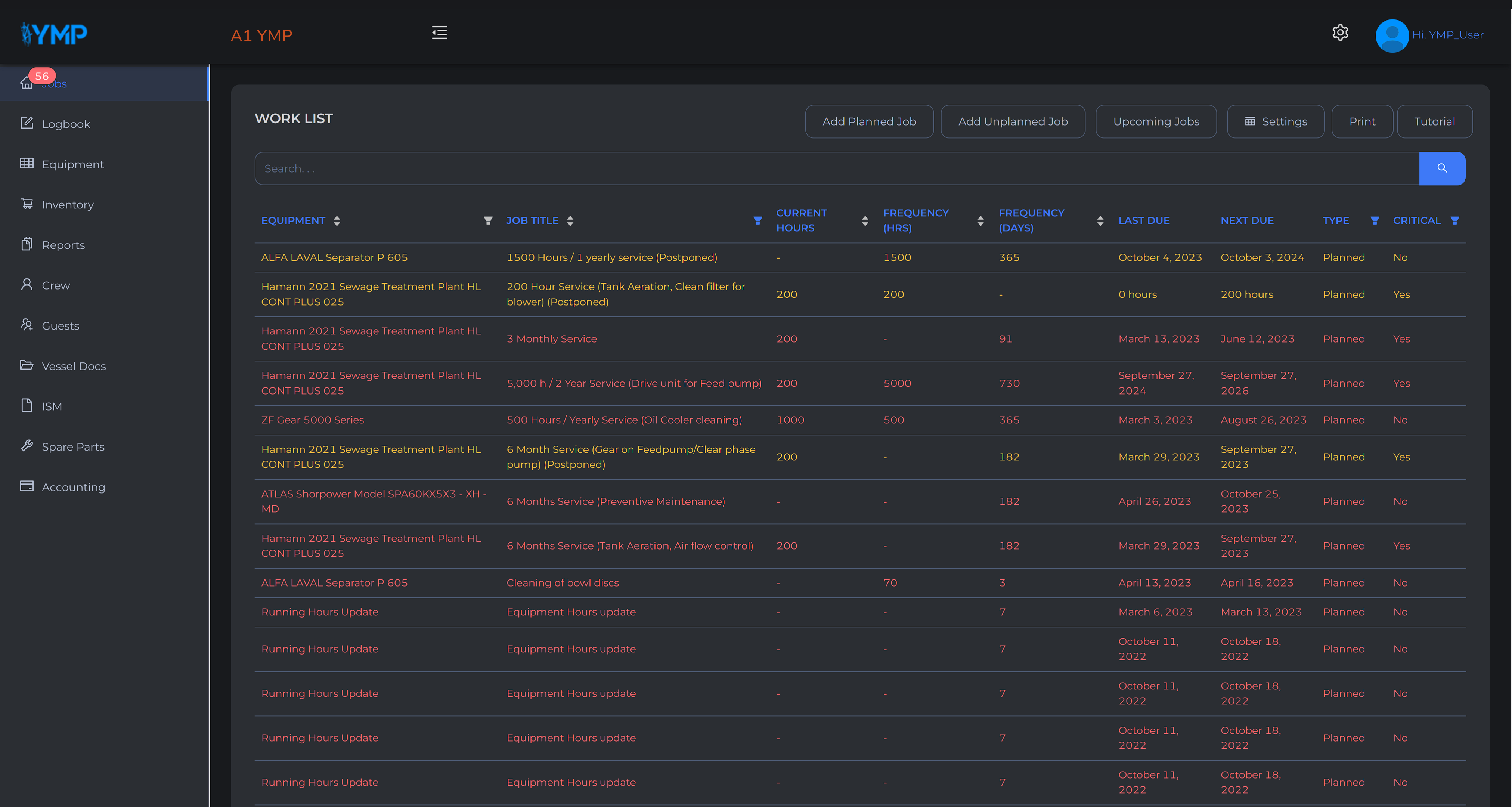 YMP (Yacht Maintenance Program) screenshot: Planned maintenance jobs