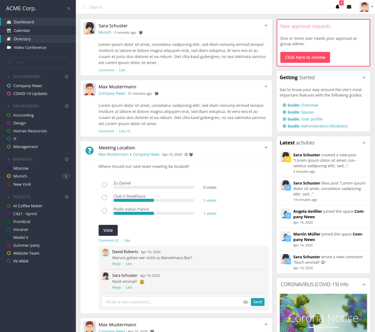 HumHub screenshot: HumHub Dashboard (Enterprise Theme)