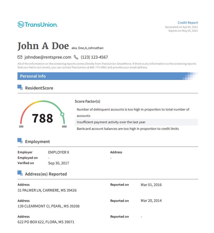 RentSpree Software - TransUnion Credit Report