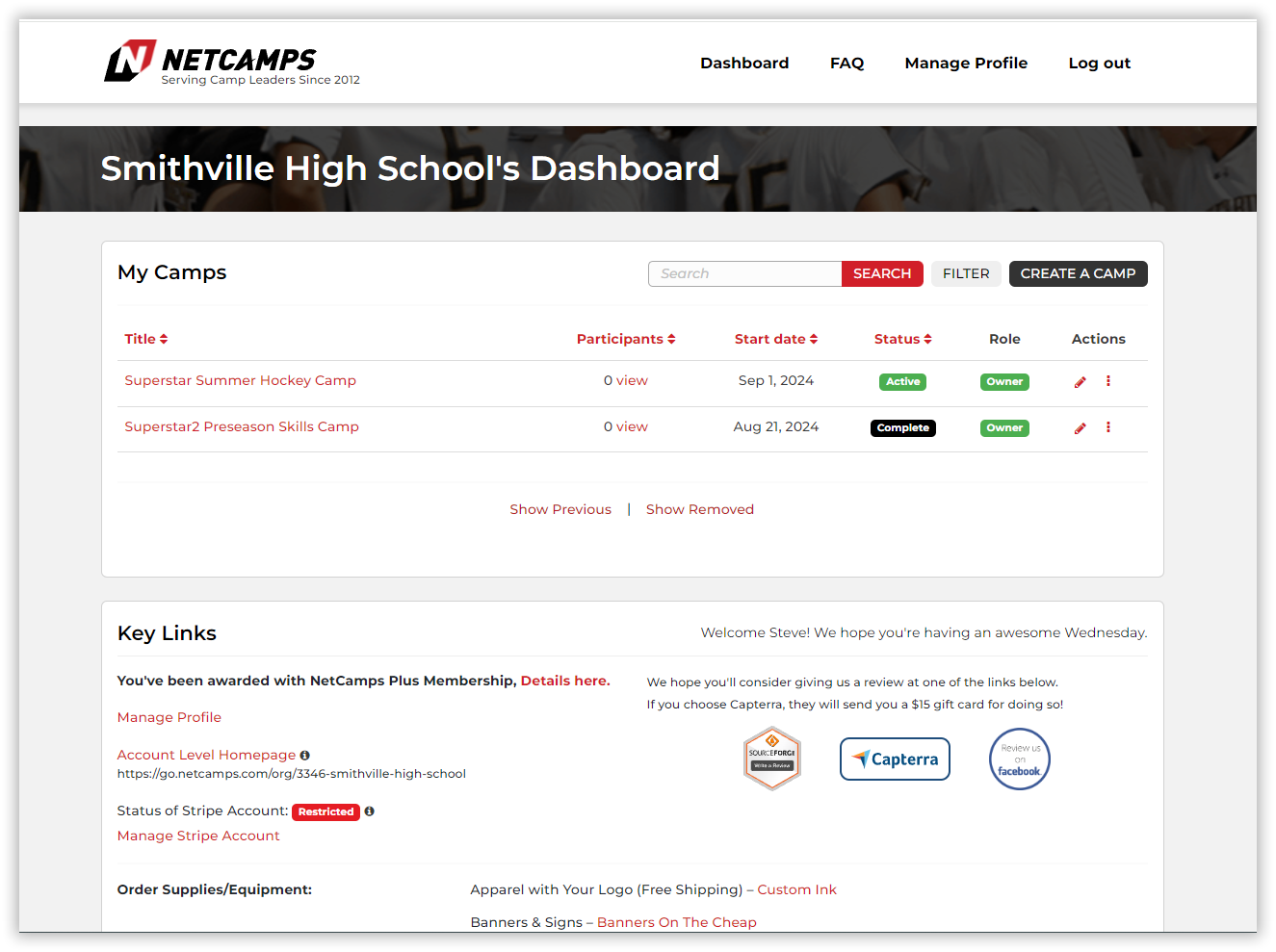 NetCamps screenshot: User Dashboard. Lists all active and prior event, their registration counts, and action buttons to run reports or make edits.
