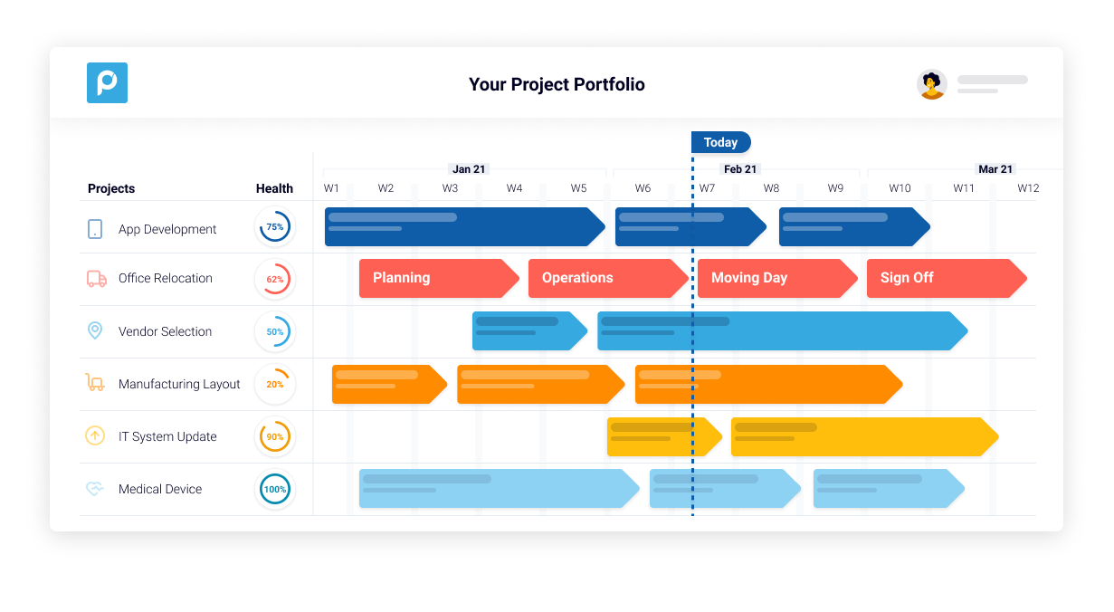Proggio Software - Project Portfolio view on collaborative timeline with the health status of each project. Arrows are milestones. With one click on a project milestone you drill down into the details of all it's activities in a split screen that appears below.