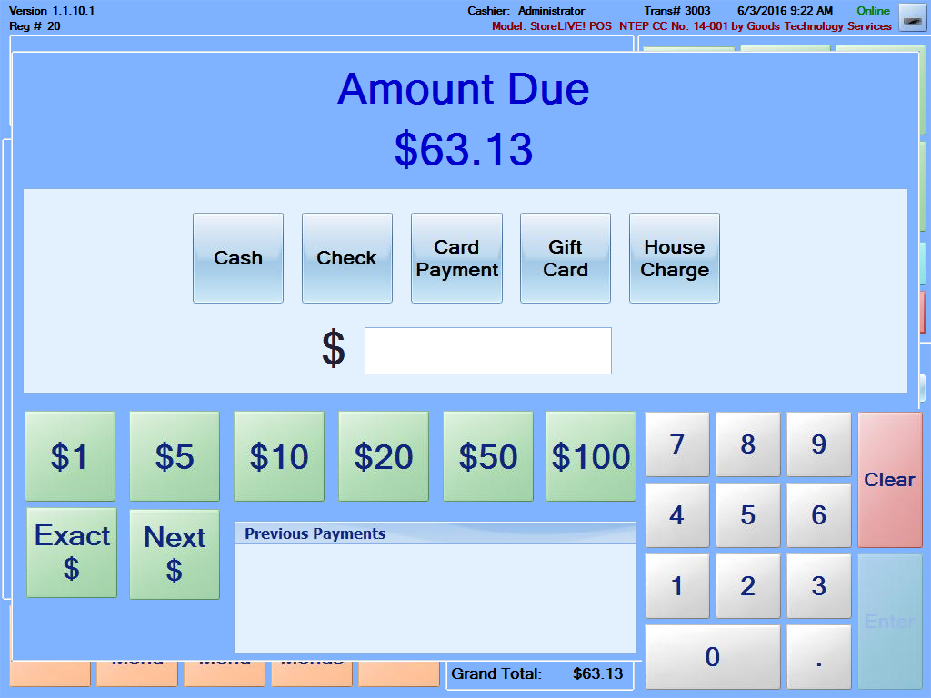 Payment (Tender) Screen - Cash, Quick Dollar Value Keys, Check, Credit Card, Debit Card, EBT, Food stamps, EBT Cash Benefit, Gift Cards, House Charge Accounts