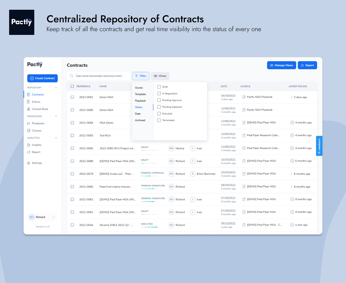 Keep track of all the contracts and get real time visibility into the status of every one