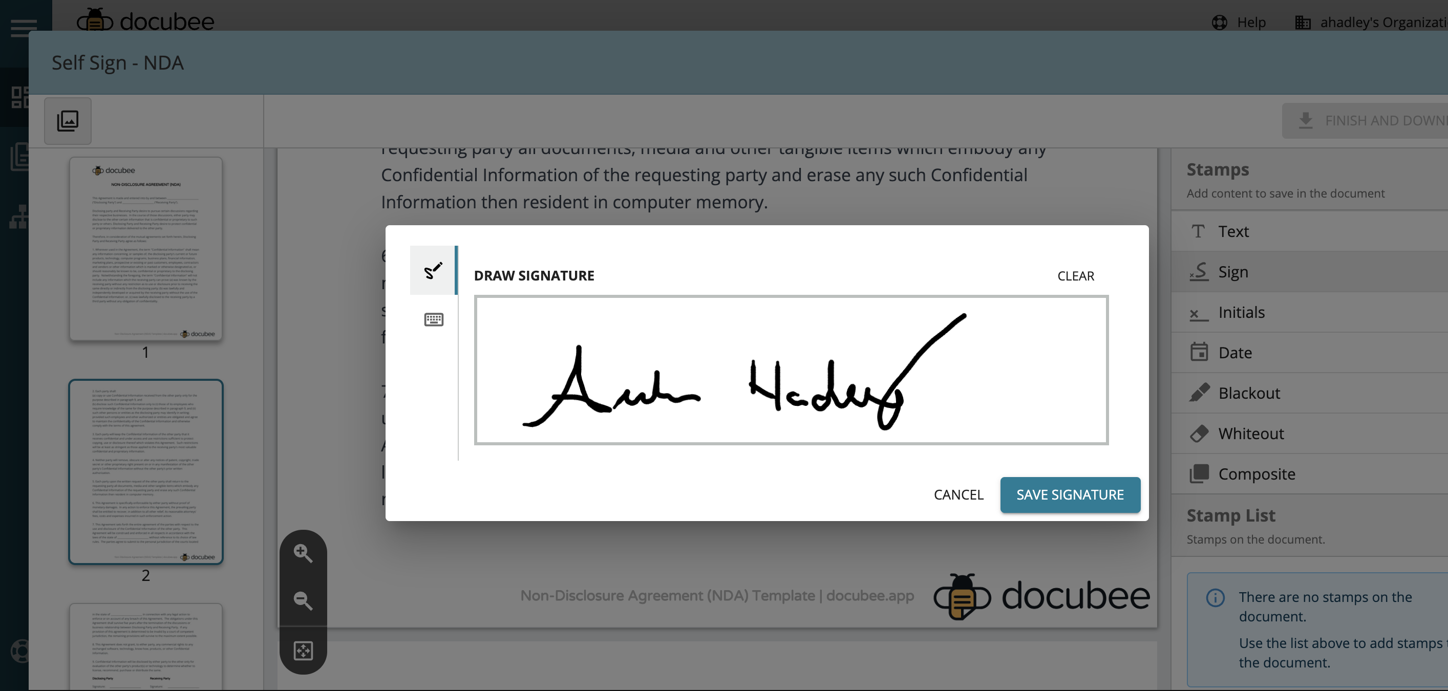 Draw or type legally-binding eSignatures to documents in Docubee from any device.