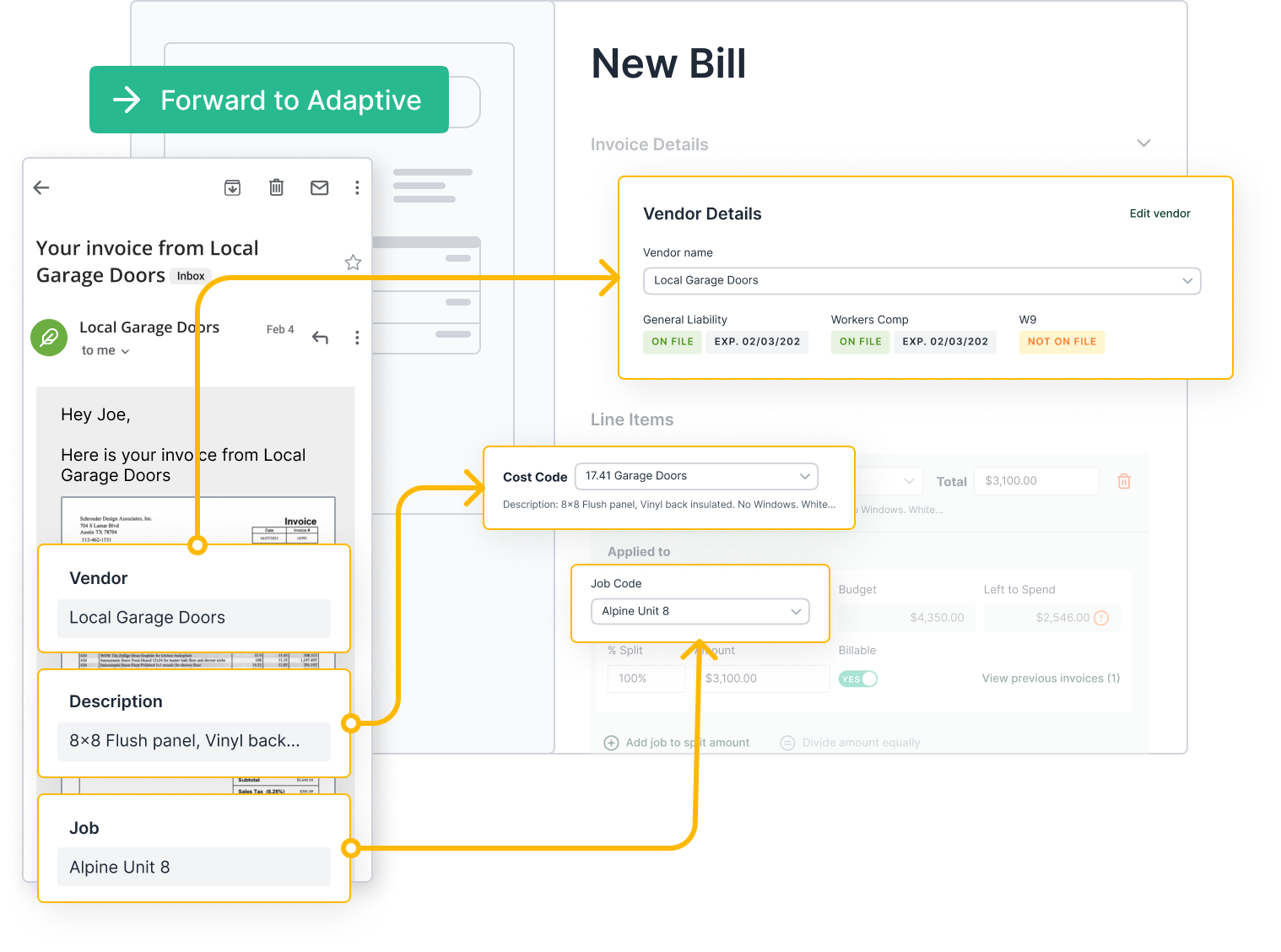 Eliminate paperwork and manual data entry with artificial intelligence. Forward, text, or scan bills and receipts to your dedicated inbox and watch as details are auto-populated and mapped to the correct job and cost code.