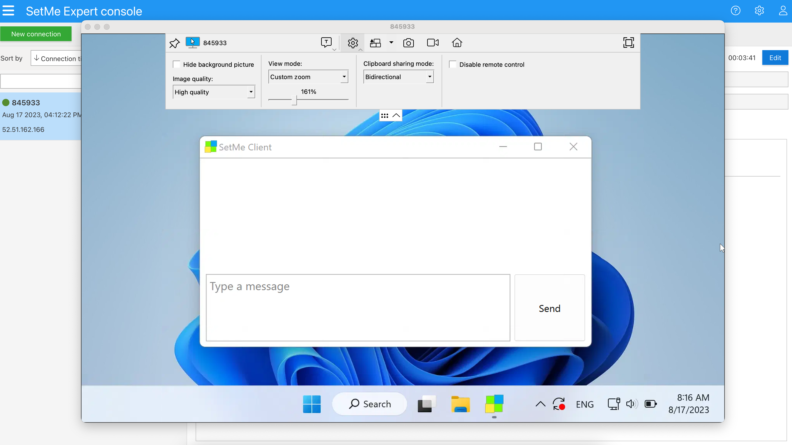 SetMe screenshot: SetMe client chat
