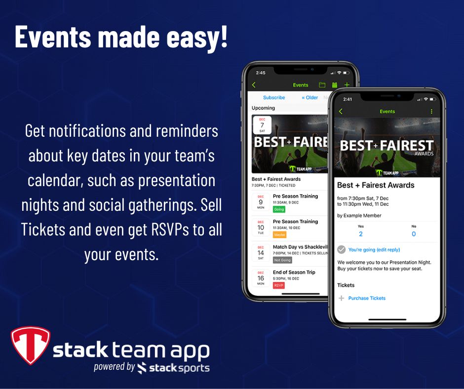 Events made easy! Get notifications and reminders about key dates in your team’s calendar, such as presentation nights and social gatherings. Even get RSVP’s to all your events!