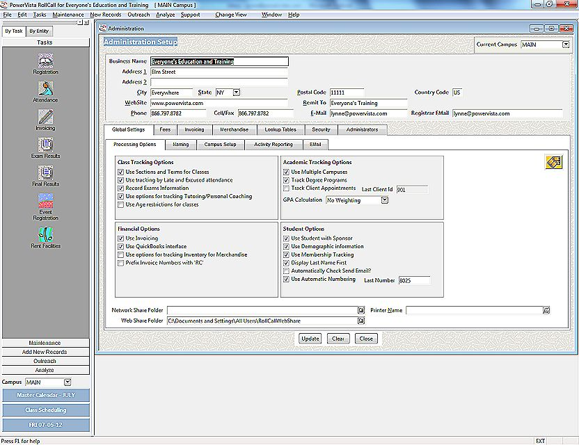 The administration window maintains global information about RollCall preferences and the business's setup