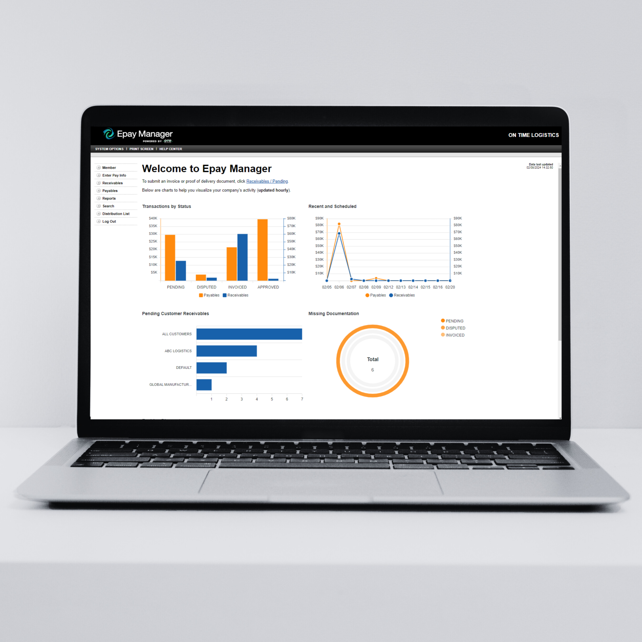 Epay Manager screenshot: Epay Manager portal home screen with summary reports.
