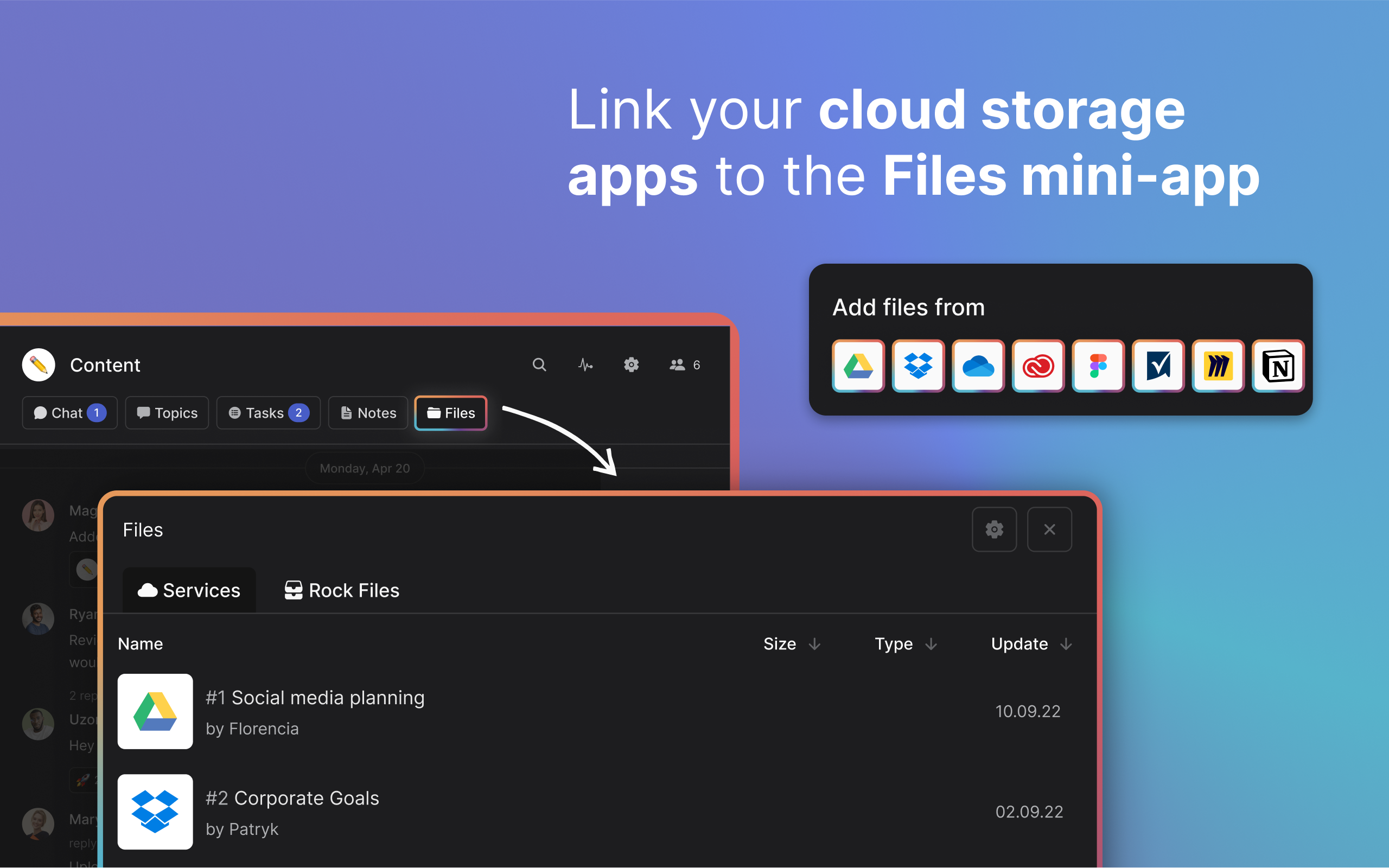 Integrate with cloud storage providers such as Google Drive, Dropbox, Notion, Figma, Miro and many others. Integrate your cloud files into your tasks, notes and topics to make documentation a seamless experience.