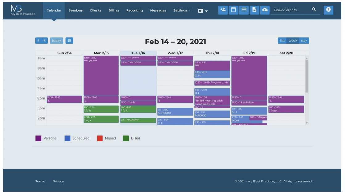 My Best Practice screenshot: My Best Practice calendar