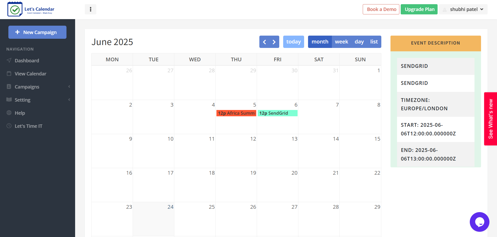Let's Calendar screenshot: Calendar Dashboard view in Let’s Calendar