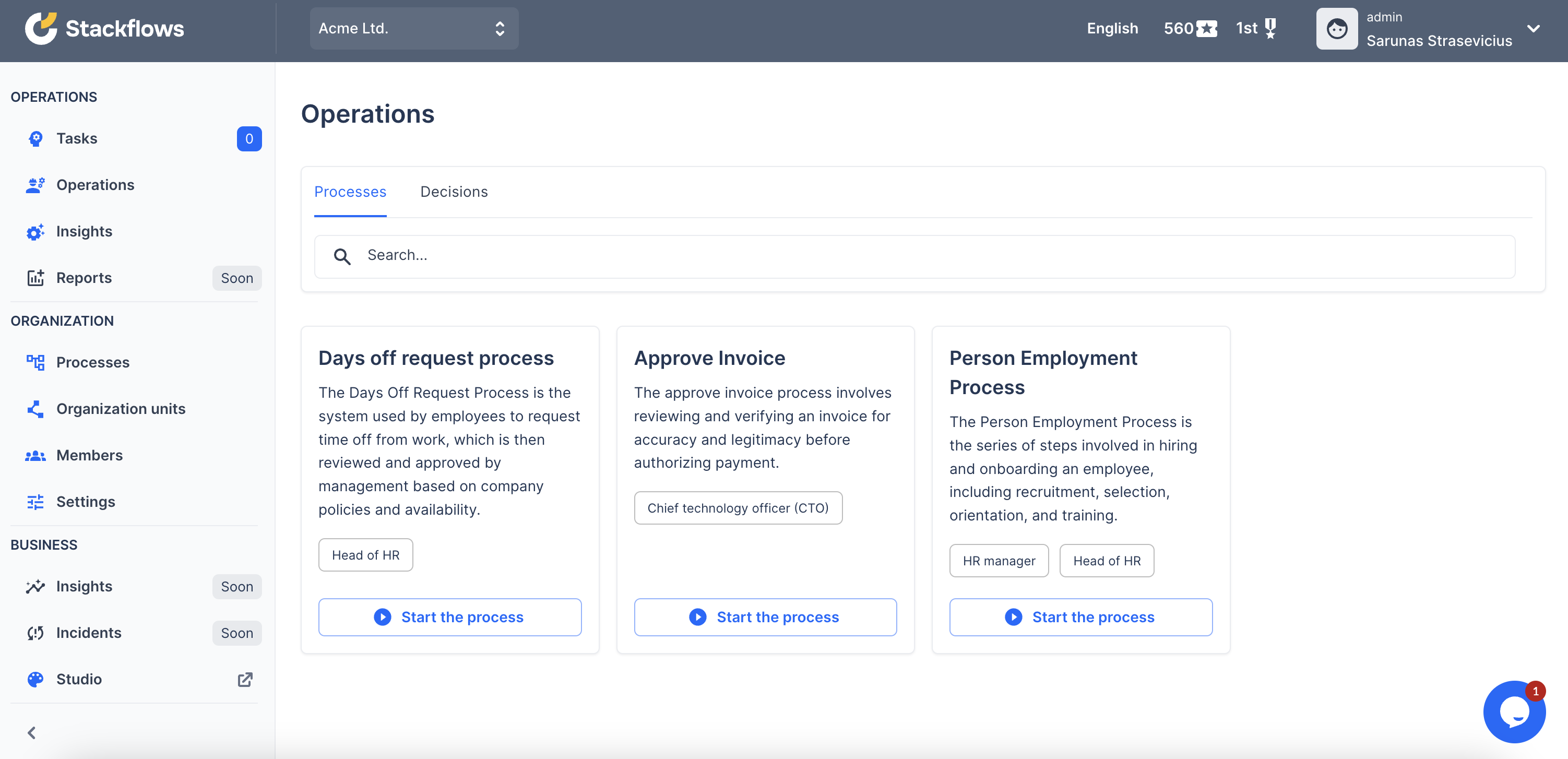 Pre-build operations for employees to start a process