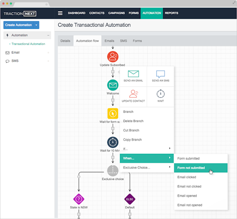 TractionNext screenshot: Create custom automation flows to maximize campaign reach