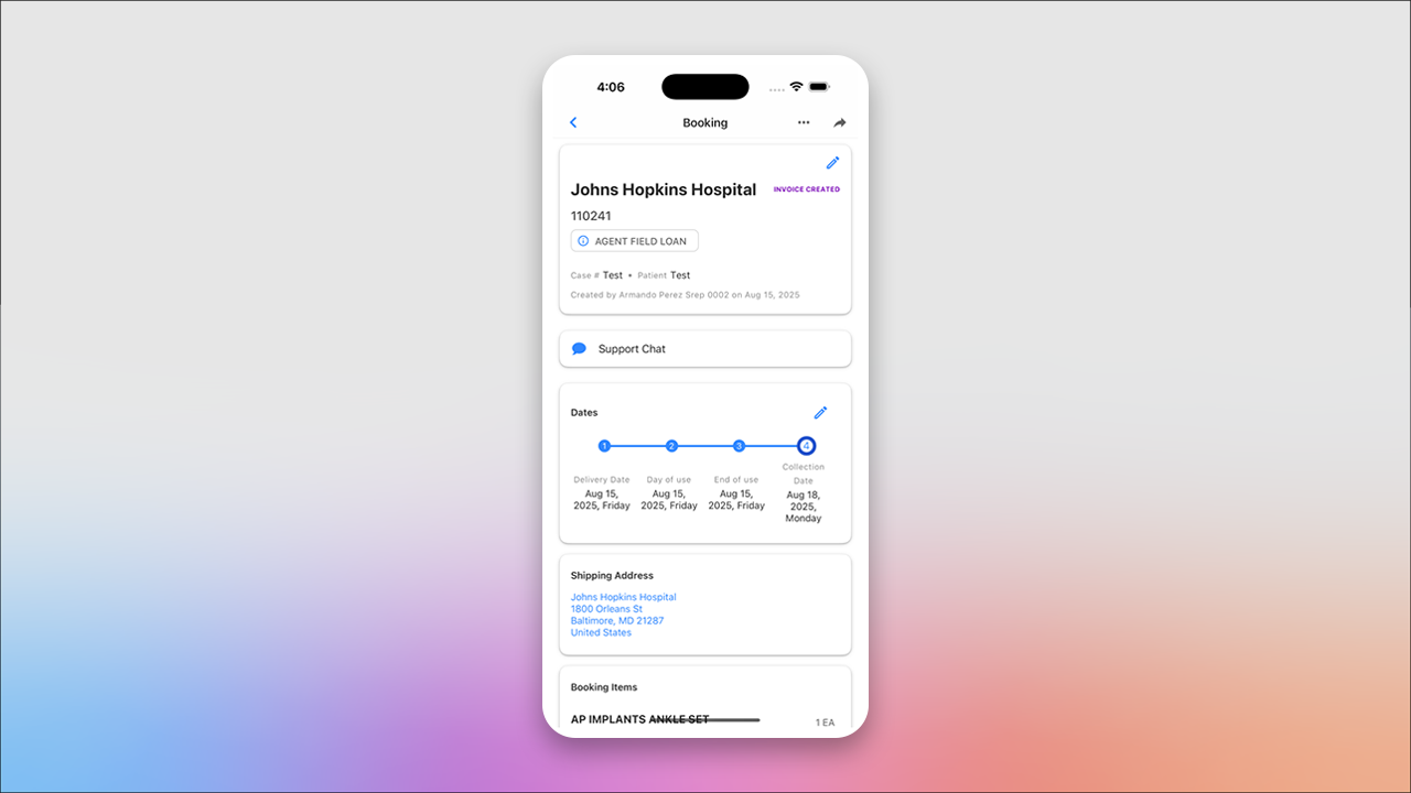 mymediset screenshot: Book cases in seconds with the mymediset App. See real-time product availability, manage inventory, and capture usage instantly—keeping every procedure on track.