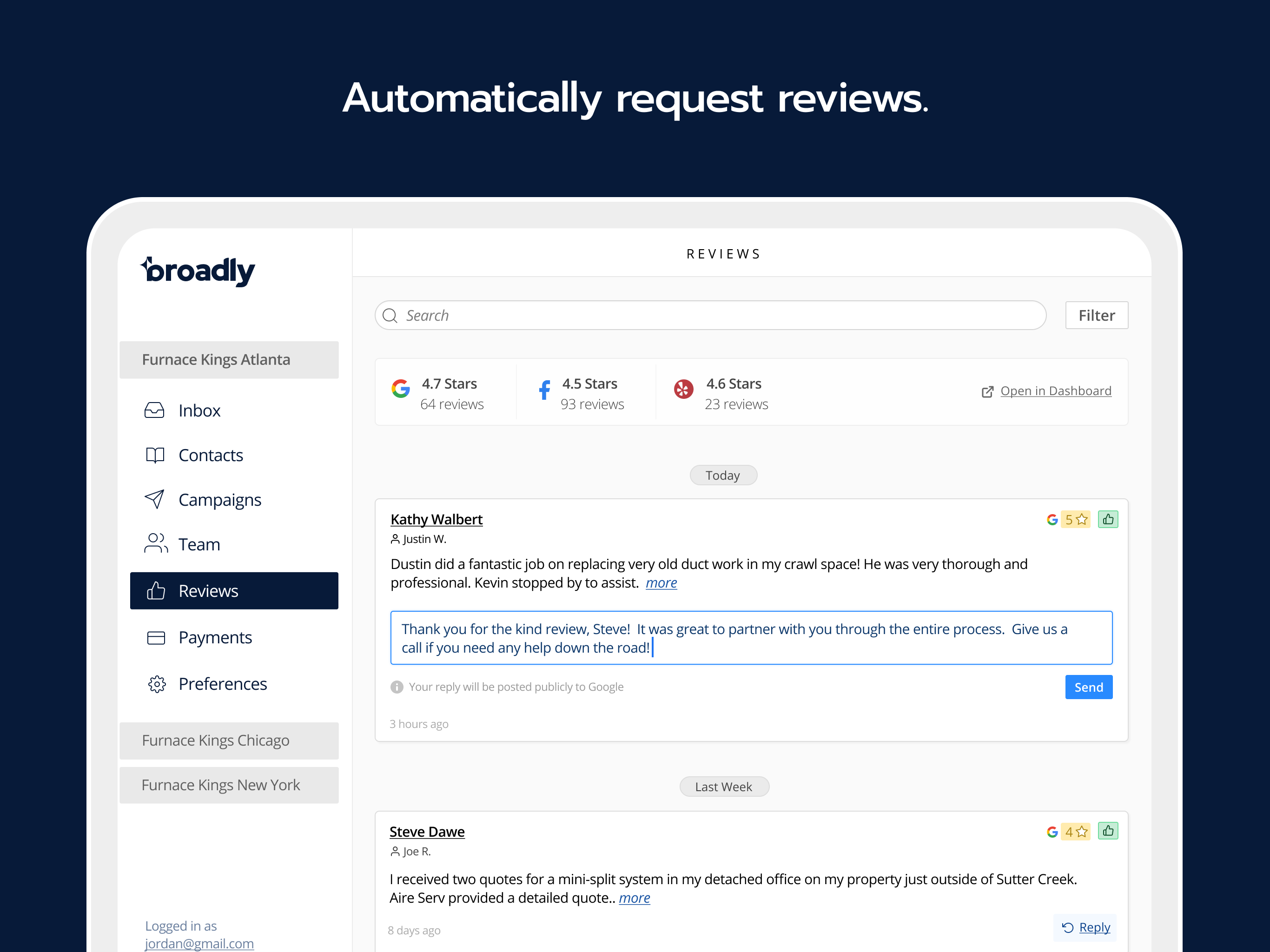Automatically request and collect unlimited reviews via text and email for Google, Facebook, Yelp, and other popular review sites.