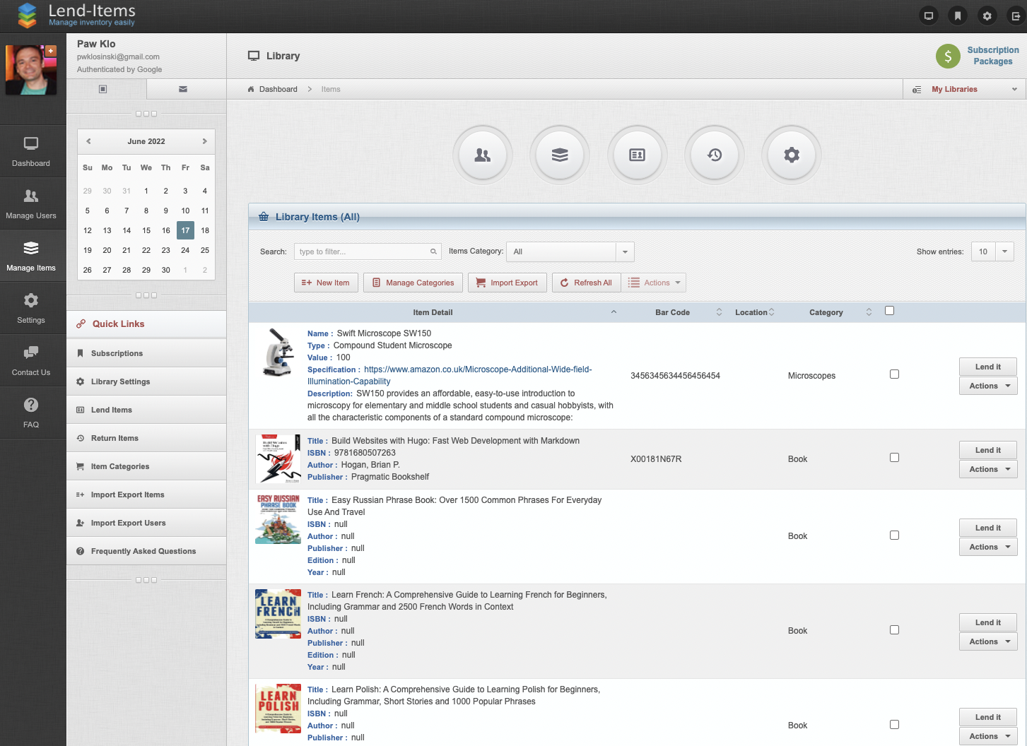 LendItems screenshot: Website app