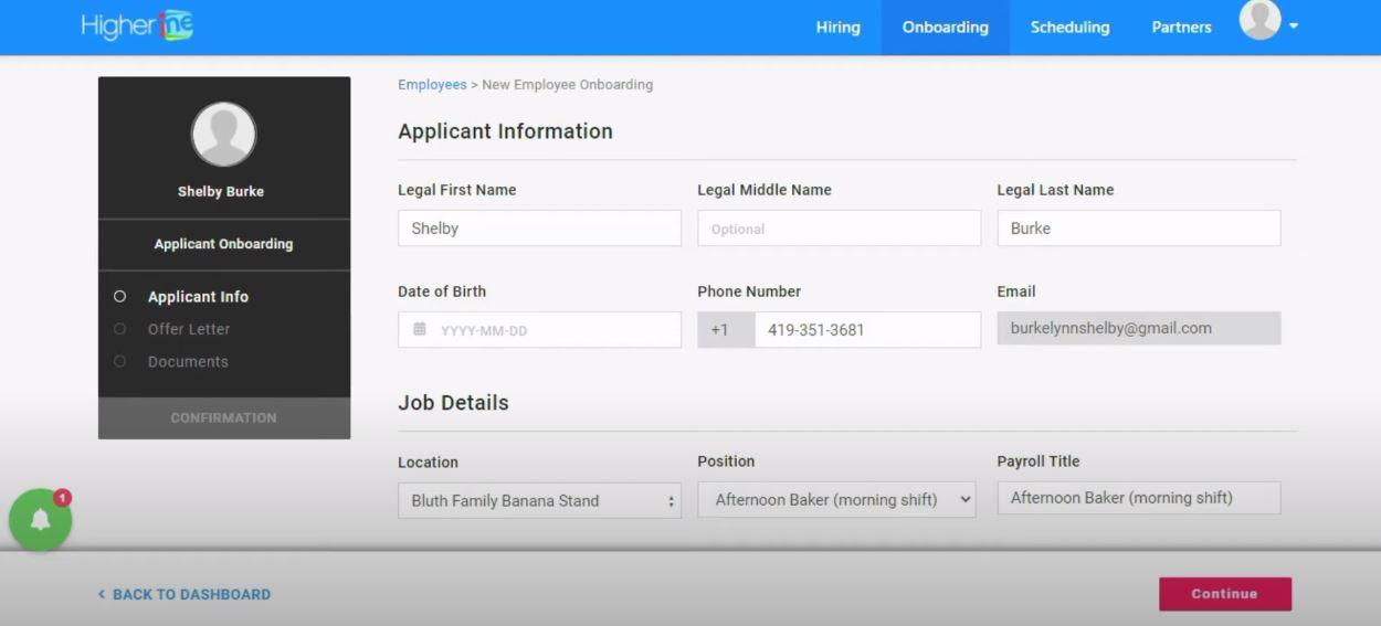 HigherMe screenshot: HigherMe employee onboarding