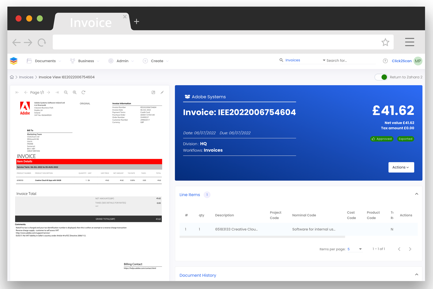 Zahara Software - Built-in invoice reading including line-items and matching with purchase orders