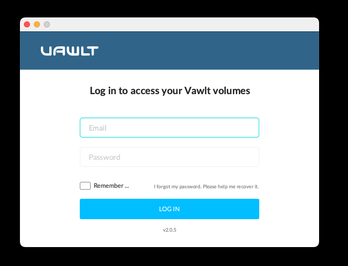 Vawlt software agent v2.0.5 - Log in Screen (macOS)